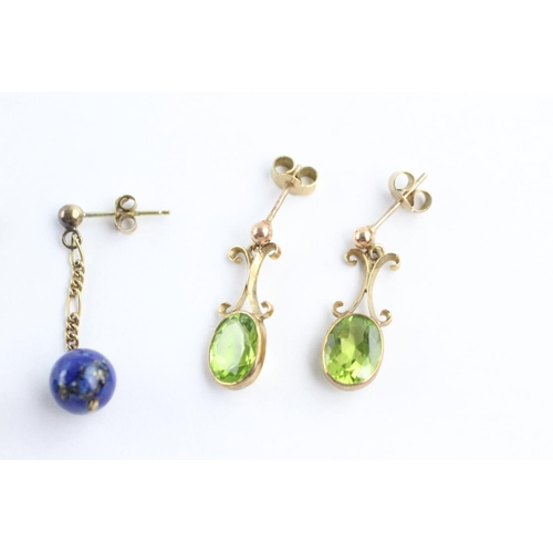 198 - 2 x 9ct gold paired gemstone drop earrings inc. lapis and peridot (5.6g)