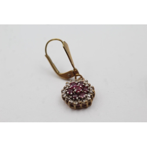 21 - 9ct gold diamond and ruby cluster drop earrings (2.5g)