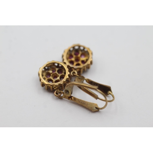 21 - 9ct gold diamond and ruby cluster drop earrings (2.5g)