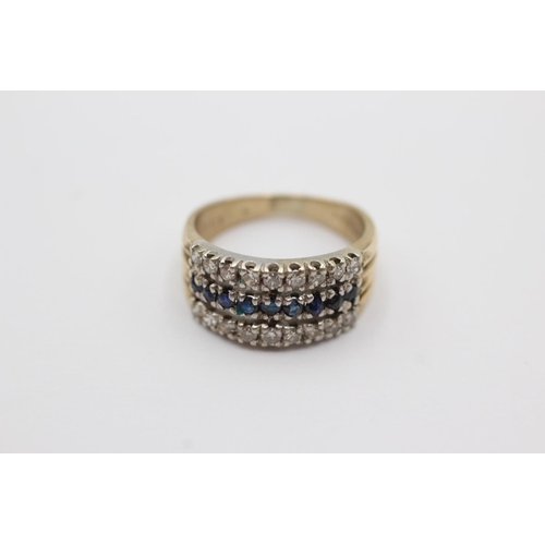 24 - 9ct gold diamond & sapphire triple row ring (3.4g) Size I