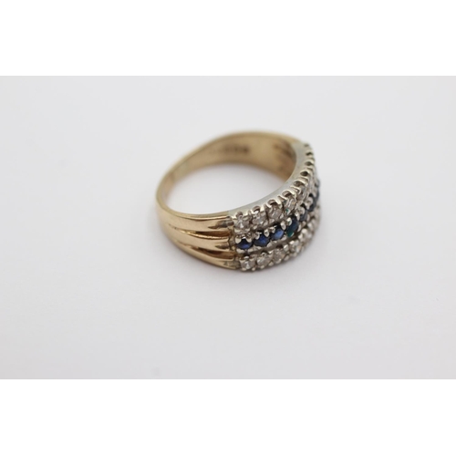 24 - 9ct gold diamond & sapphire triple row ring (3.4g) Size I