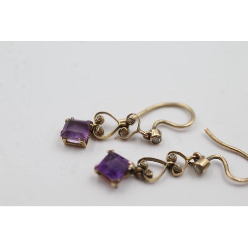 249 - 9ct gold antique amethyst and diamond drop earrings (1.4g)