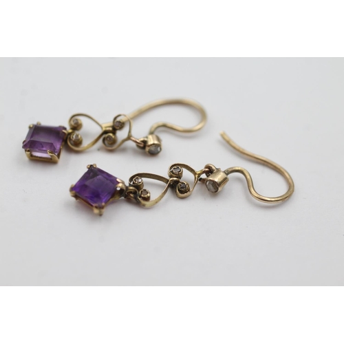 249 - 9ct gold antique amethyst and diamond drop earrings (1.4g)