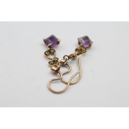 249 - 9ct gold antique amethyst and diamond drop earrings (1.4g)