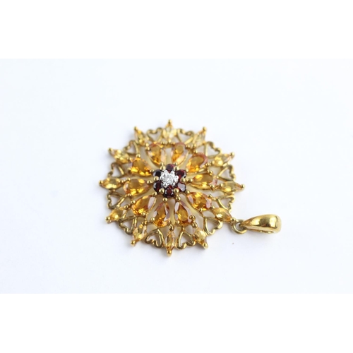 270 - 9ct gold garnet, diamond & citrine floral pendant (3.7g)