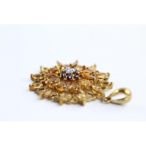 270 - 9ct gold garnet, diamond & citrine floral pendant (3.7g)