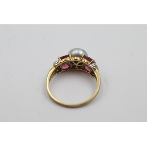 276 - 9ct gold pearl, diamond & tourmaline ring (3g) Size P