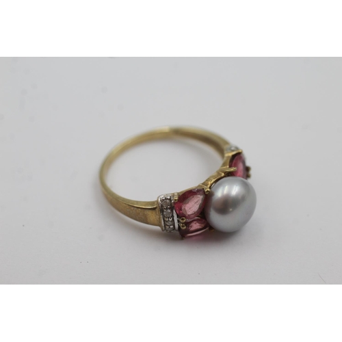 276 - 9ct gold pearl, diamond & tourmaline ring (3g) Size P