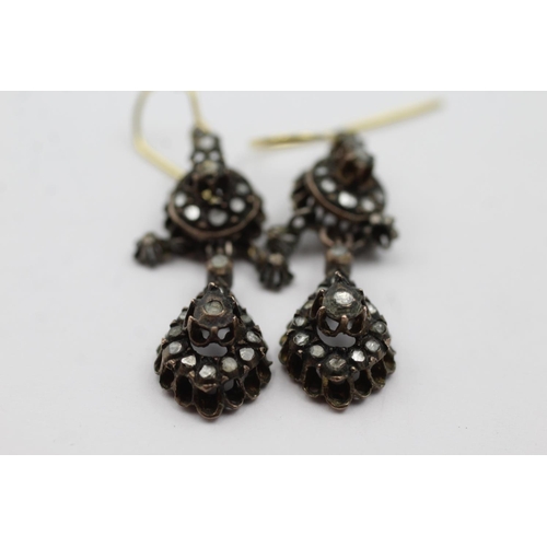 277 - 15ct gold and low carat gold drop earrings set with old cut diamonds (10.6g)