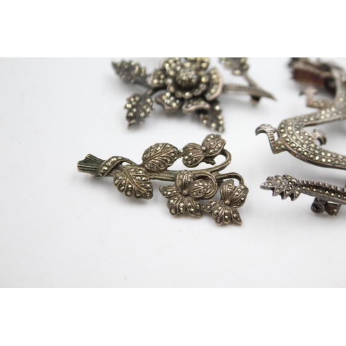 318 - 5 X Vintage Silver Marcasite Brooches Inc. Enamel (57g)