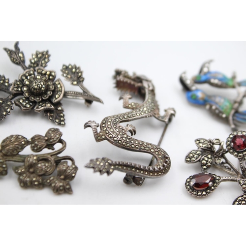 318 - 5 X Vintage Silver Marcasite Brooches Inc. Enamel (57g)