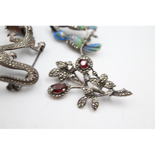 318 - 5 X Vintage Silver Marcasite Brooches Inc. Enamel (57g)