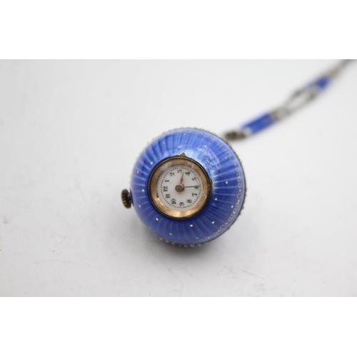 327 - Vintage Early Century Guilloche Enamel Pocket Watch On Chain (37g)