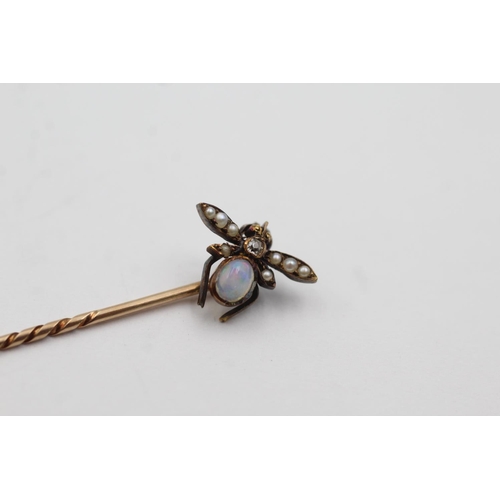 34 - 15ct gold antique diamond, pearl and opal set stick pin with 9ct gold pin (1.5g)