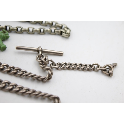 344 - 2 X Antique Silver Watch Chains Inc. Early Plastic Charm (77g)