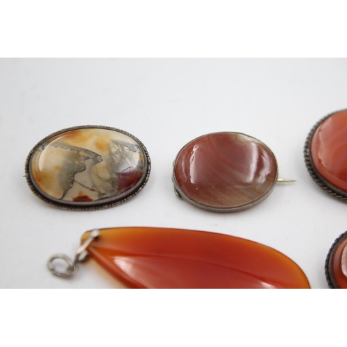 346 - 5 X Antique Silver Framed Gemstone Jewellery Inc. Carnelian Intaglio (44g)