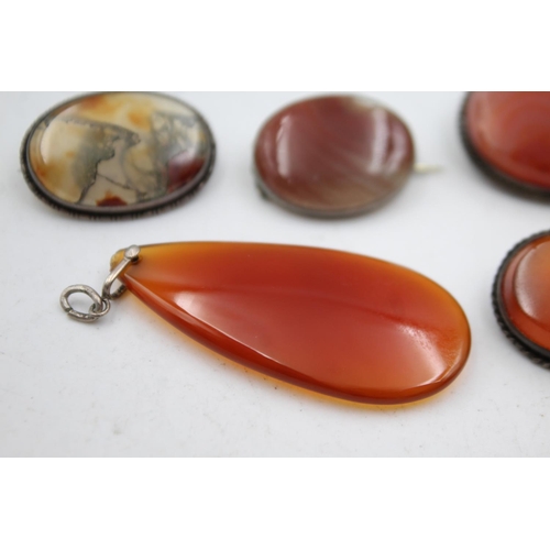 346 - 5 X Antique Silver Framed Gemstone Jewellery Inc. Carnelian Intaglio (44g)