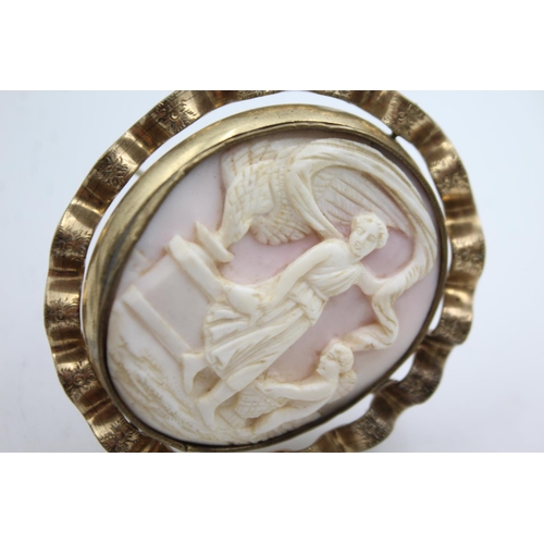 353 - 2 X Antique Gold Plated Shell Cameo Brooches Inc. Spinning Frame (51g)