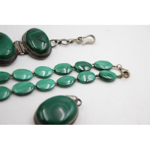 356 - 3 X Vintage Sterling Silver Framed Malachite Jewellery (140g)