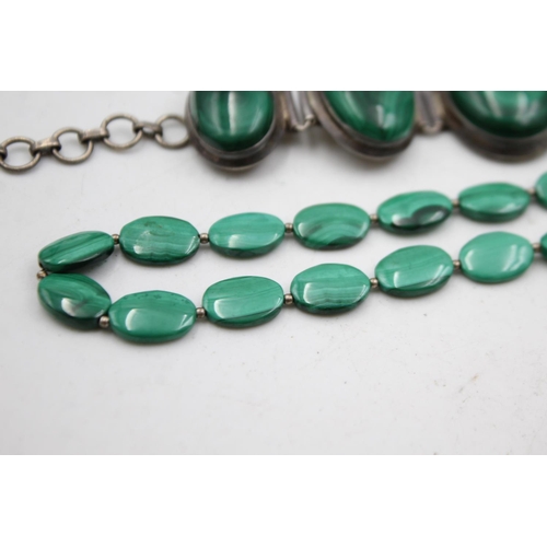 356 - 3 X Vintage Sterling Silver Framed Malachite Jewellery (140g)