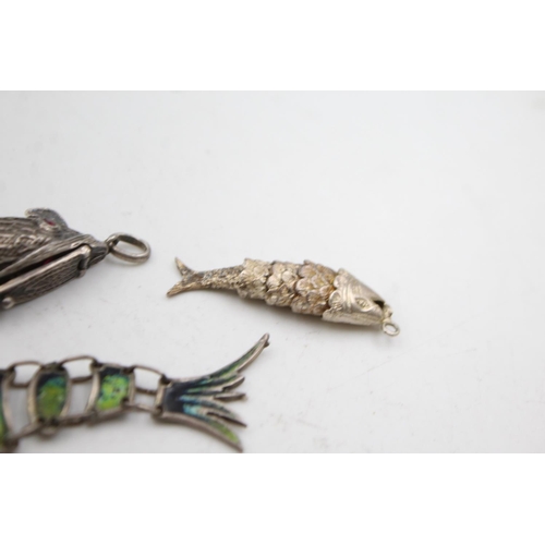 358 - 3 X Vintage Sterling Silver Articulated Fish Pendants (36g)