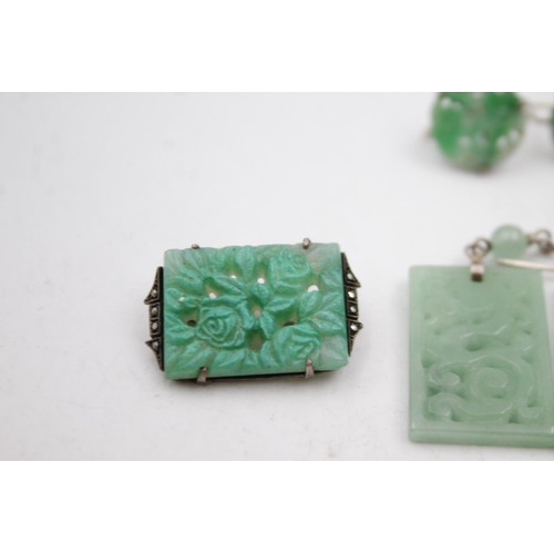 366 - Vintage Silver Framed Carved Jade Jewellery (33g)