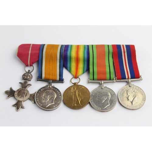 387 - WW1 / WW2 Military M.B.E Mounted Medal Group Inc WW1 Medal Pair Named