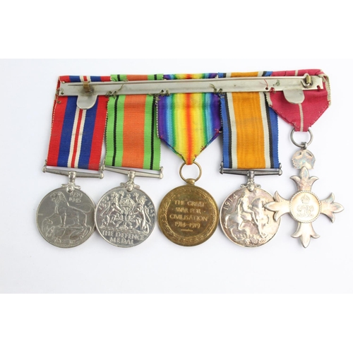 387 - WW1 / WW2 Military M.B.E Mounted Medal Group Inc WW1 Medal Pair Named