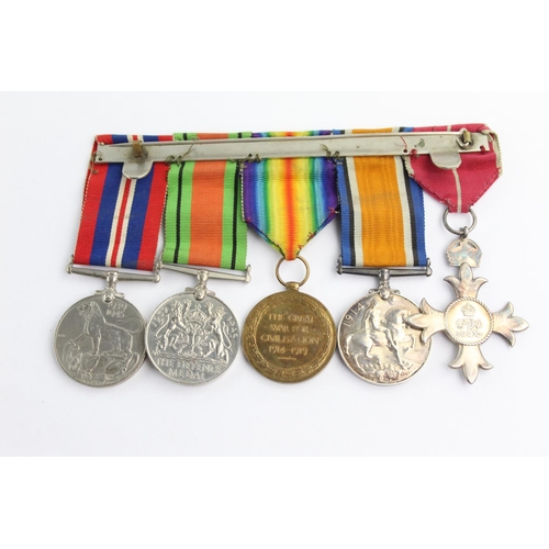 387 - WW1 / WW2 Military M.B.E Mounted Medal Group Inc WW1 Medal Pair Named