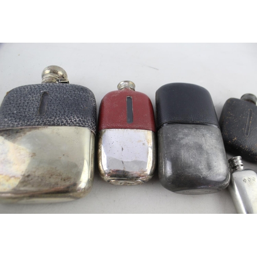 402 - 6 x Antique / Vintage BREWERIANA Hip Flasks Inc. Leather, Engraved, Large