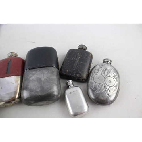 402 - 6 x Antique / Vintage BREWERIANA Hip Flasks Inc. Leather, Engraved, Large