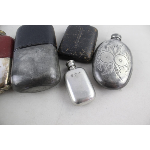 402 - 6 x Antique / Vintage BREWERIANA Hip Flasks Inc. Leather, Engraved, Large