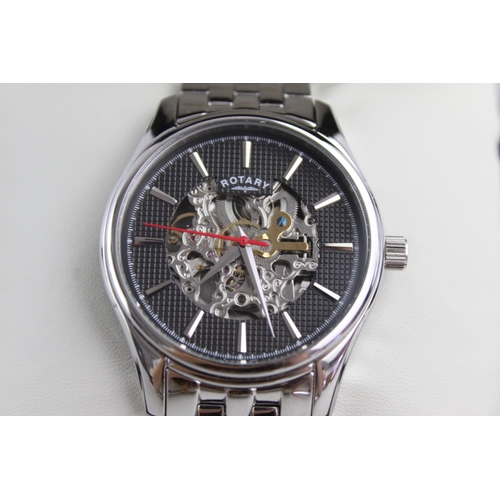 407 - Rotary Skeleton movement gent's mechanical wristwatch automatic Working - box and papers and 3x spar... 