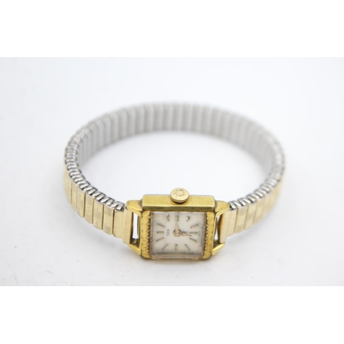 416 - Tudor ladies vintage gold tone wristwatch square dial - handwind / rolex crown working expanding gol... 