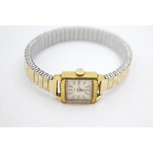 416 - Tudor ladies vintage gold tone wristwatch square dial - handwind / rolex crown working expanding gol... 