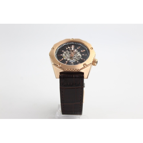 417 - Rotary skeleton gents gold tone skeleton movement wristwatch - automatic working decagoual gold tone... 