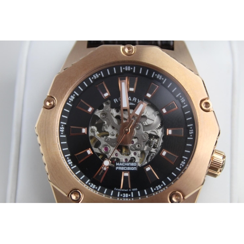 417 - Rotary skeleton gents gold tone skeleton movement wristwatch - automatic working decagoual gold tone... 