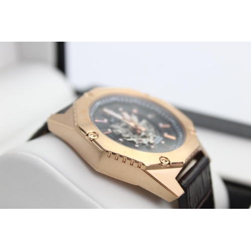 417 - Rotary skeleton gents gold tone skeleton movement wristwatch - automatic working decagoual gold tone... 