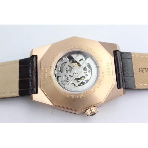 417 - Rotary skeleton gents gold tone skeleton movement wristwatch - automatic working decagoual gold tone... 