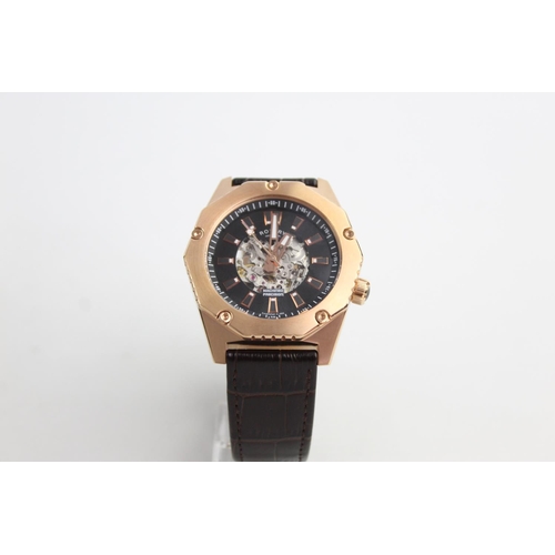 417 - Rotary skeleton gents gold tone skeleton movement wristwatch - automatic working decagoual gold tone... 