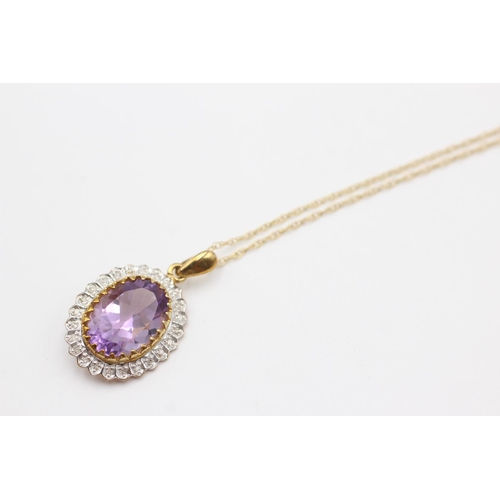 42 - 9ct gold amethyst & diamond pendant on chain (3.8g)