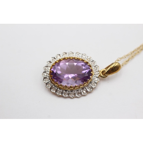 42 - 9ct gold amethyst & diamond pendant on chain (3.8g)