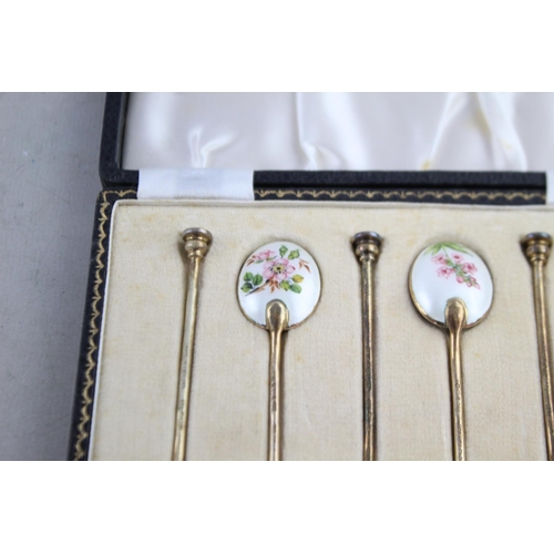 437 - 6 x Vintage Hallmarked 1955 Birmingham STERLING SILVER Teaspoons w/ Enamel (59g)