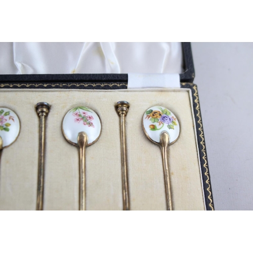 437 - 6 x Vintage Hallmarked 1955 Birmingham STERLING SILVER Teaspoons w/ Enamel (59g)