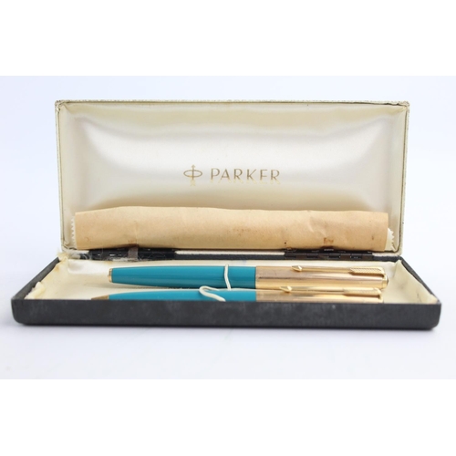 513 - Vintage PARKER 61 Teal FOUNTAIN PEN w/ Rolled Gold Cap, Pencil, Box Etc