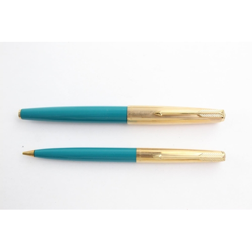 513 - Vintage PARKER 61 Teal FOUNTAIN PEN w/ Rolled Gold Cap, Pencil, Box Etc