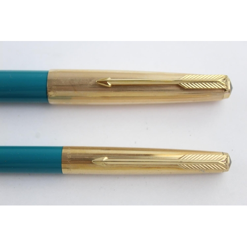 513 - Vintage PARKER 61 Teal FOUNTAIN PEN w/ Rolled Gold Cap, Pencil, Box Etc