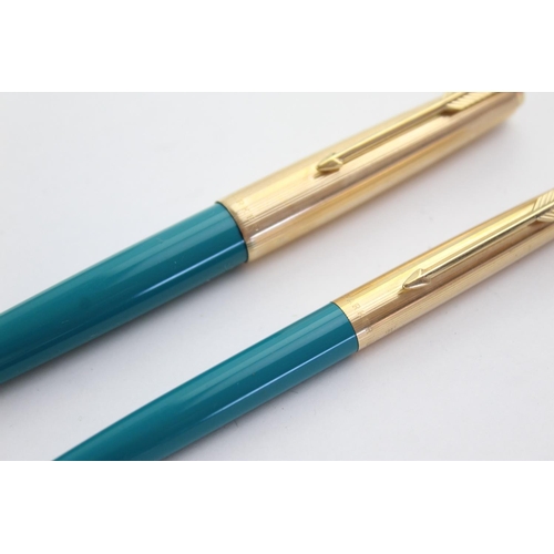 513 - Vintage PARKER 61 Teal FOUNTAIN PEN w/ Rolled Gold Cap, Pencil, Box Etc