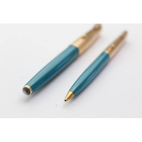 513 - Vintage PARKER 61 Teal FOUNTAIN PEN w/ Rolled Gold Cap, Pencil, Box Etc