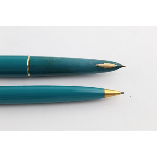 513 - Vintage PARKER 61 Teal FOUNTAIN PEN w/ Rolled Gold Cap, Pencil, Box Etc